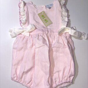 NEW NWT Me Me Linen Ruffled Bubble w/ Side Bows Baby Girl Pink White size 24M